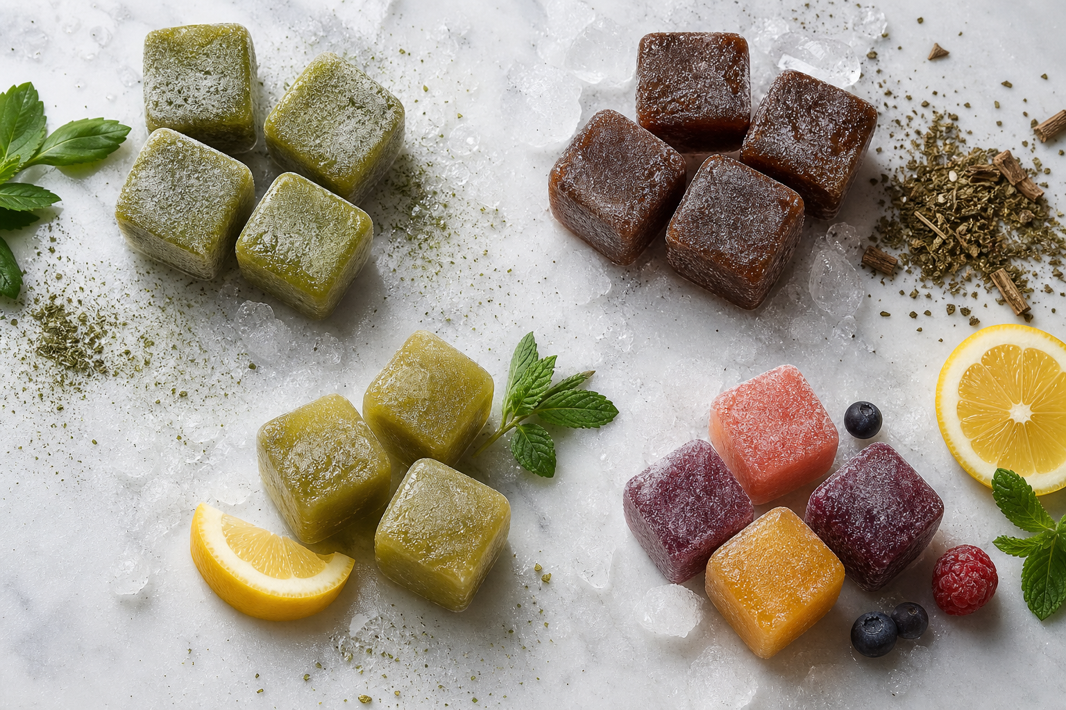 Different frozen yerba mate cube concepts arranged with lemon, mint, berry, and citrus