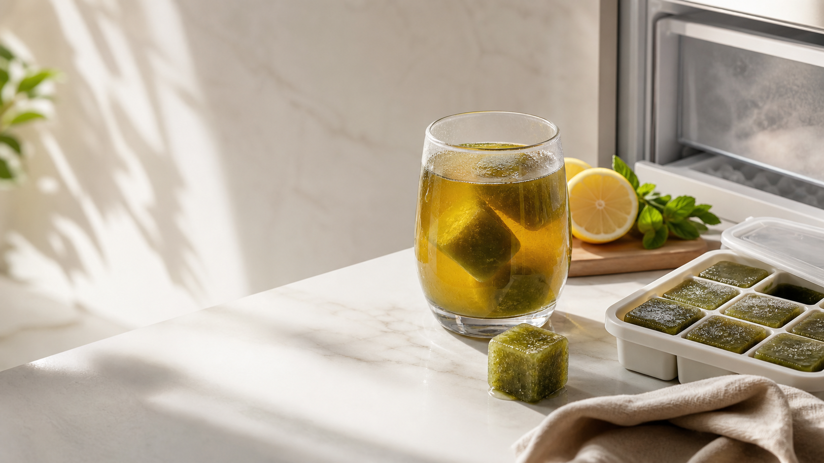 Frozen yerba mate cubes beside a glass of iced mate on a bright kitchen counter