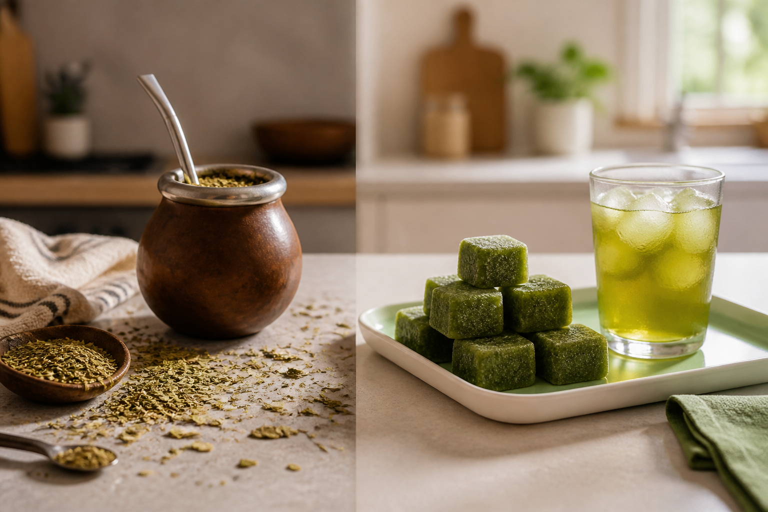 Traditional yerba mate setup with loose leaves beside clean frozen yerba mate cubes